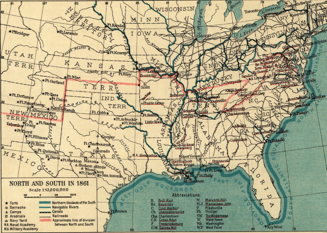 Map of North and South States in 1861.
