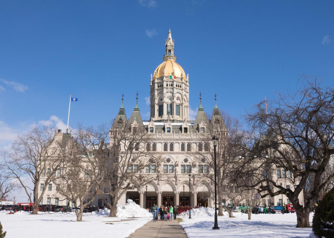 Snowy Capitol building in Hartford.