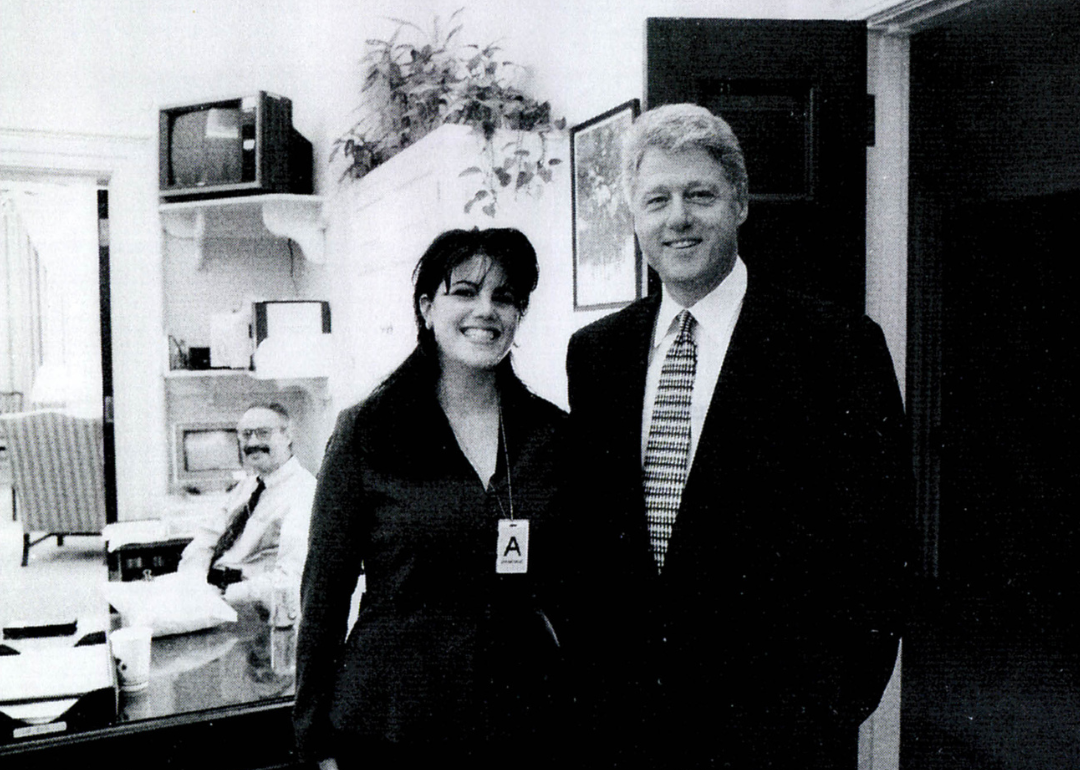 White House intern Monica Lewinsky meeting President Bill Clinton at a White House function.
