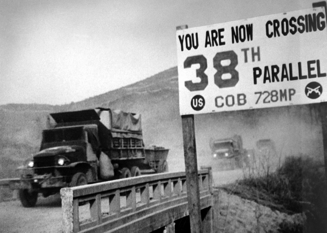United Nations trucks crossing the 38th parallel.
