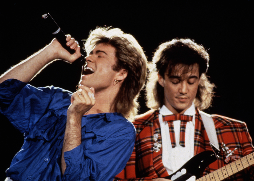 George Michael and Andrew Ridgeley of Wham! performing.