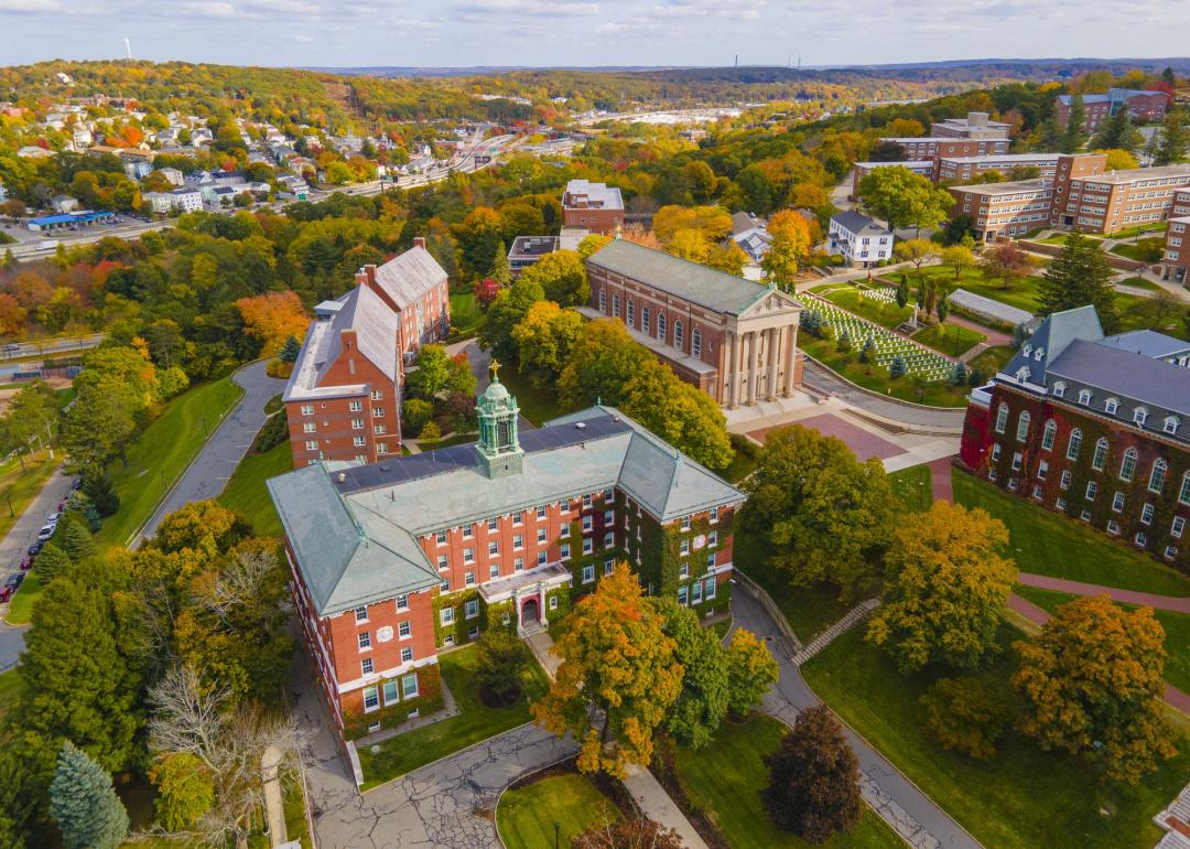 Aerial view of College of the Holy Cross with fall foliage.