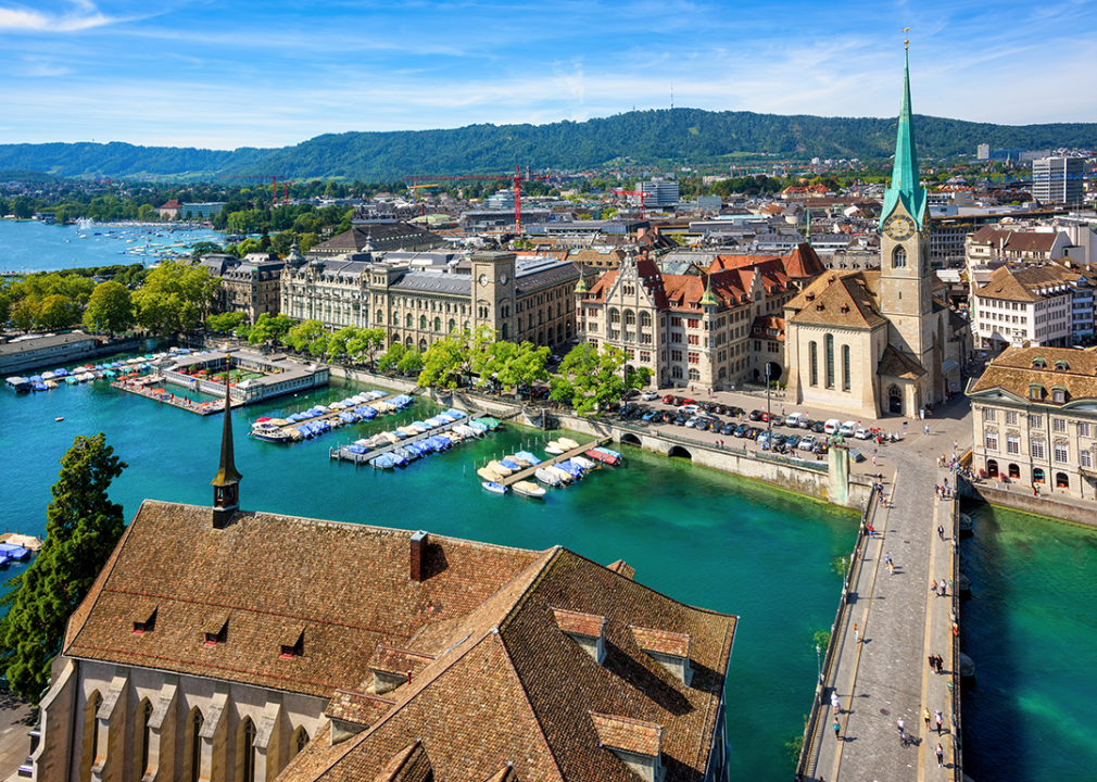 Elevated view of Zurich’s Old Town, Fraumunster church, and bridge over the Limmat river.