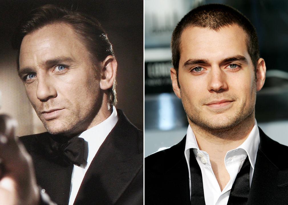 On left, Daniel Craig as James Bond; on right Henry Cavill in 2008.