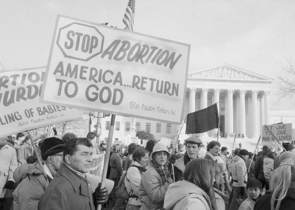 Anti-abortion activists hold signs in front of Supreme Court