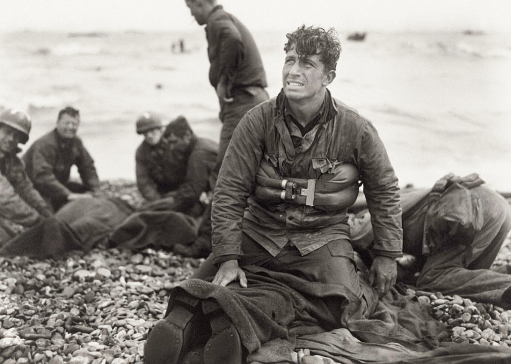2nd Lt. Walter Sidlowski of 348th Engineer C Battalion, 5th Engineer Special Brigade, on Omaha Beach, after helping to rescue a group of drowning soldiers.