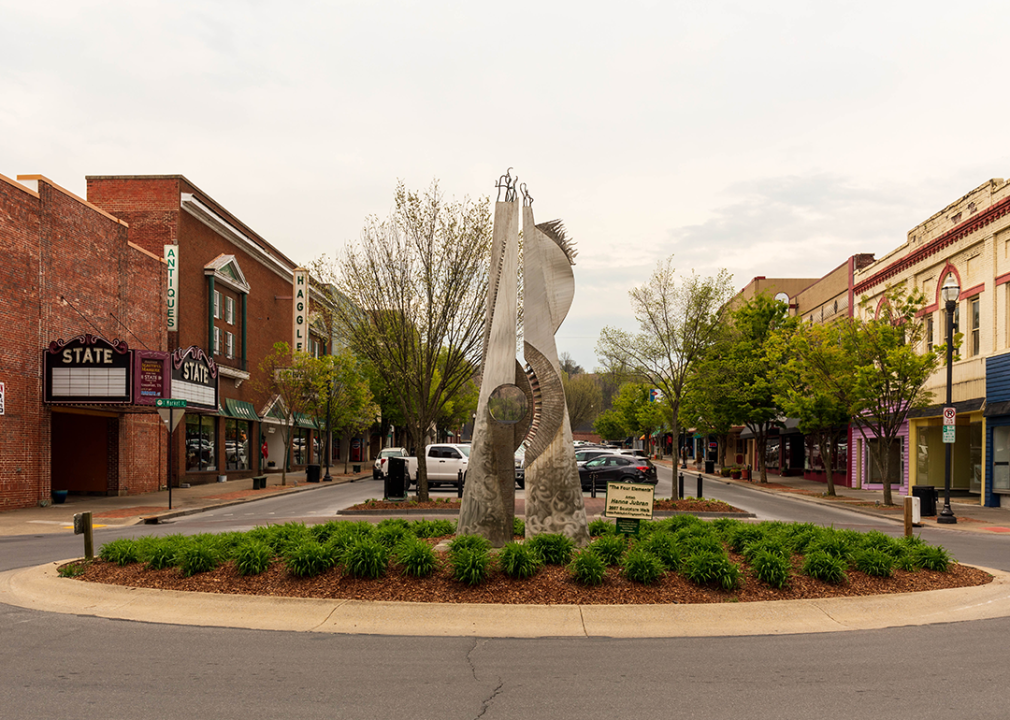 View of Kingsport Main street with shops and a roundabout with sculpture.