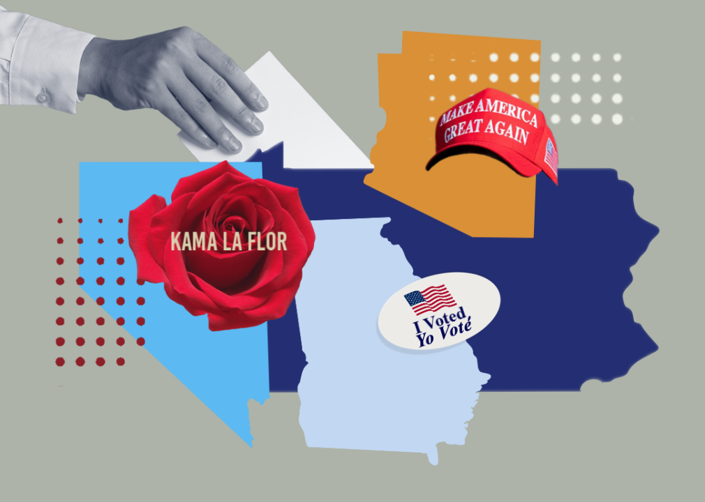 Hand placing ballot into collage of state shapes with “I voted/Yo Vote” sticker and symbolic representations of presidential candidates.