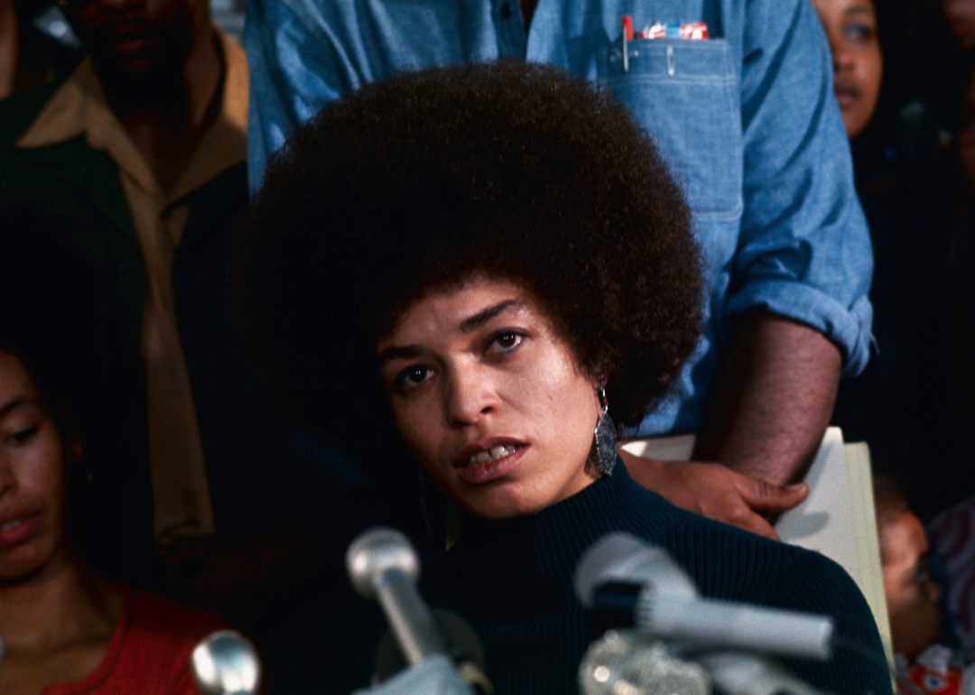 Angela Davis speaking at press conference.