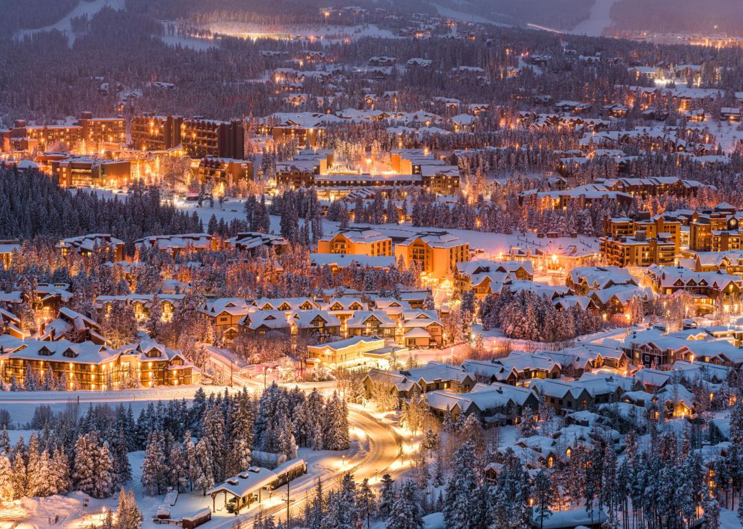 Snow covered town of Breckenridge at dusk