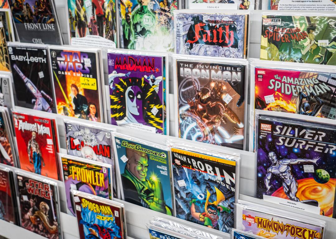 Comic books on display at a retail store.