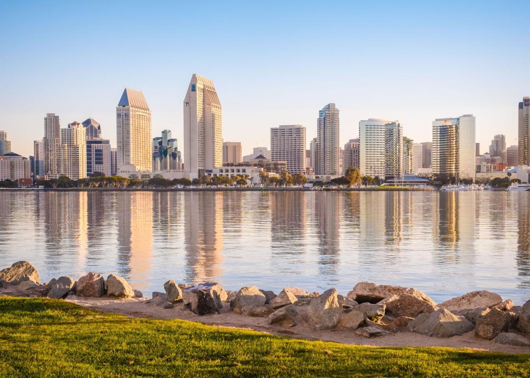 Skyline and waterfront at dawn.