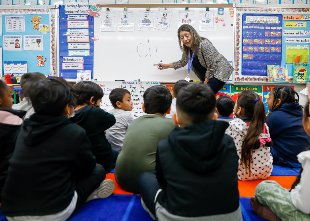 A teacher instructs her first grade dual language class.