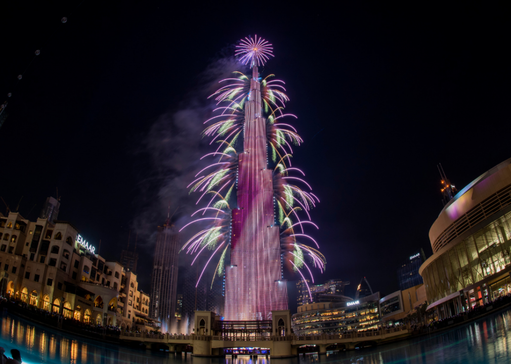 Fireworks behind the Burj Khalifa, the world's tallest building. 