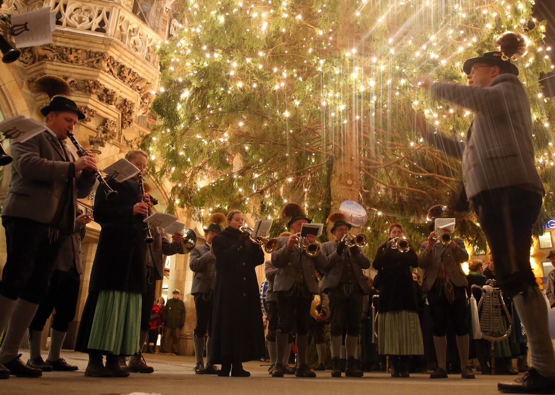 A Bavarian brass band plays at the Christmas Market in Munich.