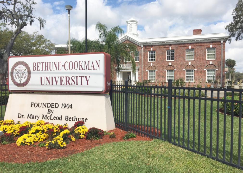 A photo of the sign in front of Bethune-Cookman University, which displays the school's name and reads, "Founded 1904 by Dr. Mary McLeod Bethune".