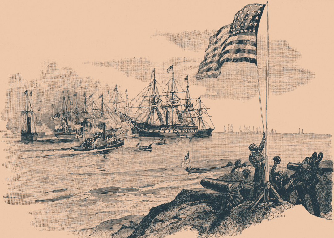 Illustration depicting flag raising over Fort Walker after the Battle of Port Royal.