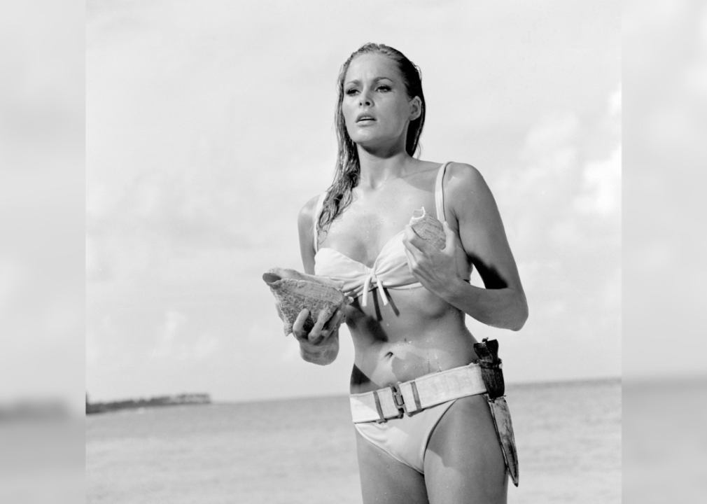 Ursula Andress at the beach in a bikini on the set of Dr. No.