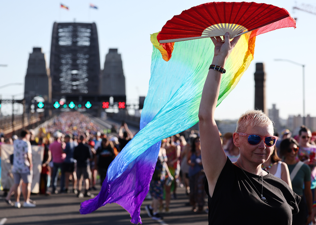 People take part in the Pride March over the Sydney Harbour Bridge.