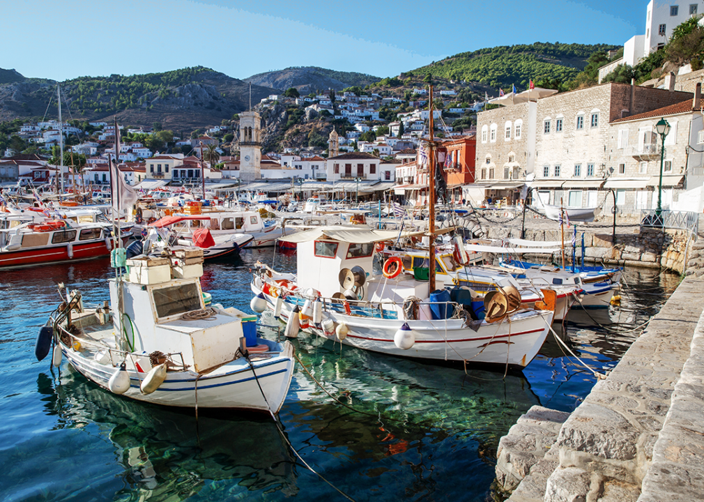 The town of Hydra with boats in the harbor.