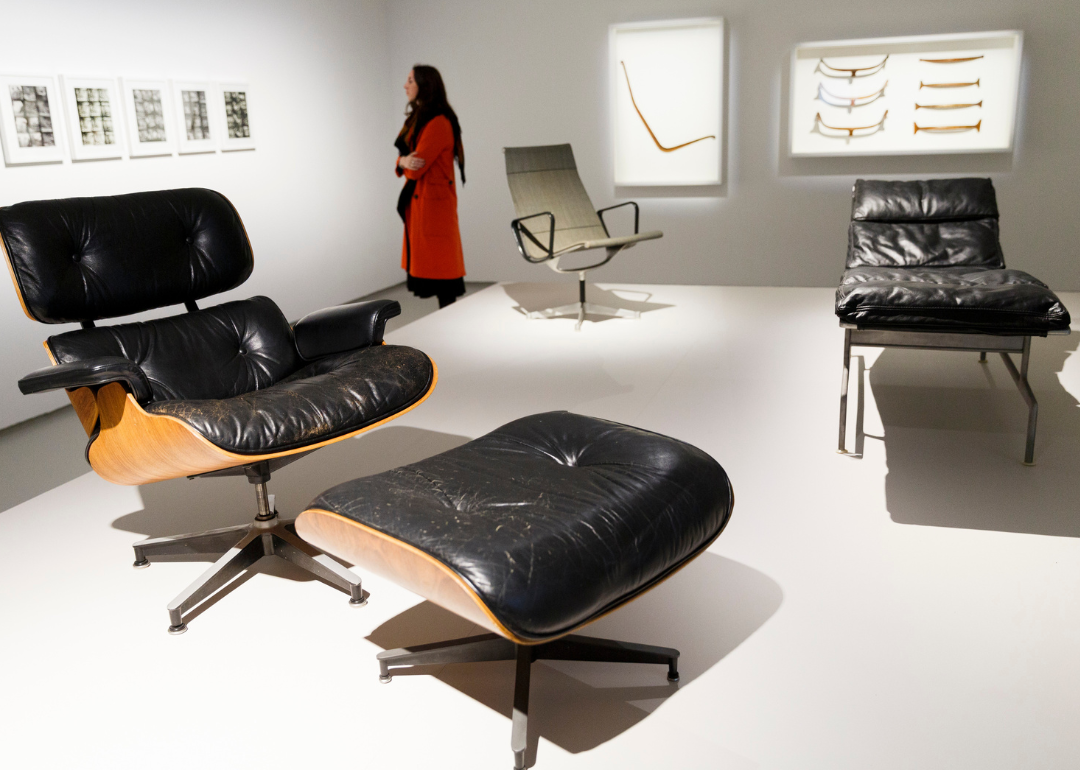 Eames Lounge Chair in foreground of Eames exhibit.