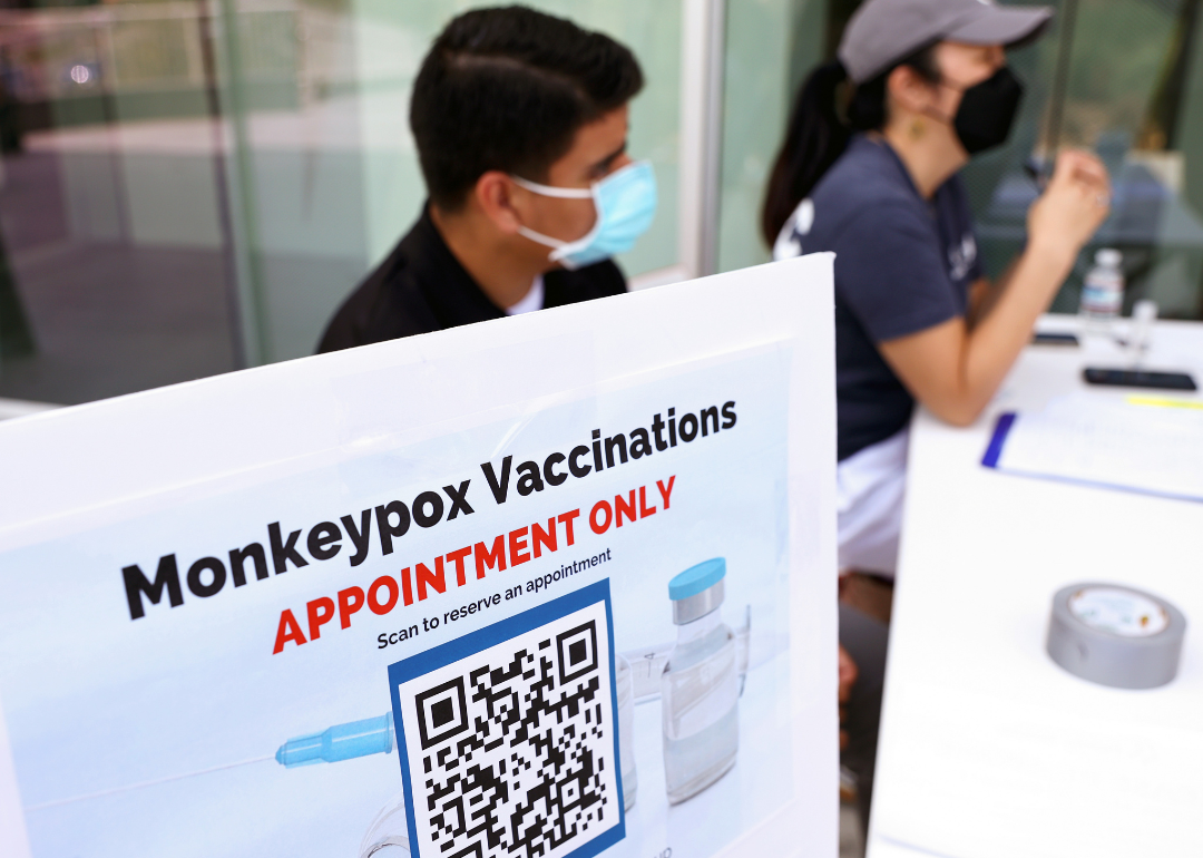Monkeypox vaccination appointment sign with QR code and health workers at clinic