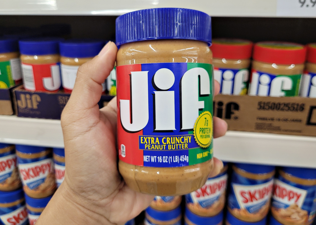 Hand holding jar of JIF peanut butter.