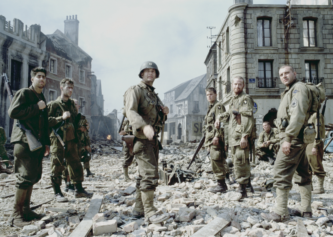 Tom Hanks and cast in a promotional still from Saving Private Ryan.