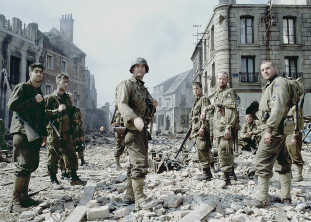 Tom Hanks and cast in a promotional still from “Saving Private Ryan’.