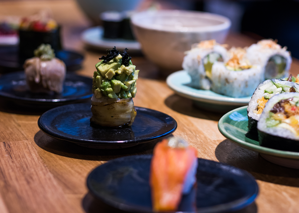 Restaurant table with vegan sushi.