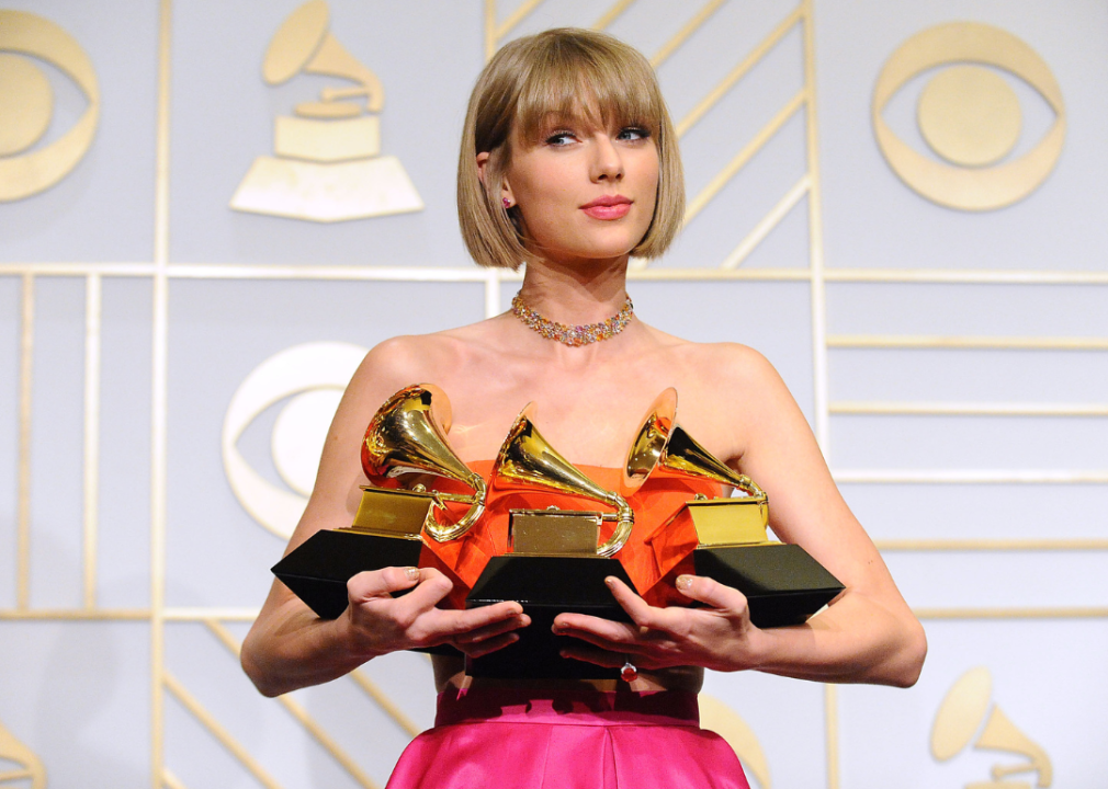 Taylor Swift poses with Grammy Awards