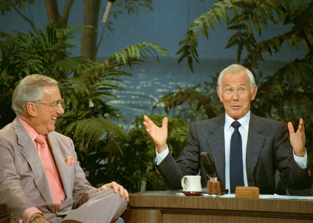 Johnny Carson gestures while talking to co-host Ed McMahon on ‘The Tonight Show’.