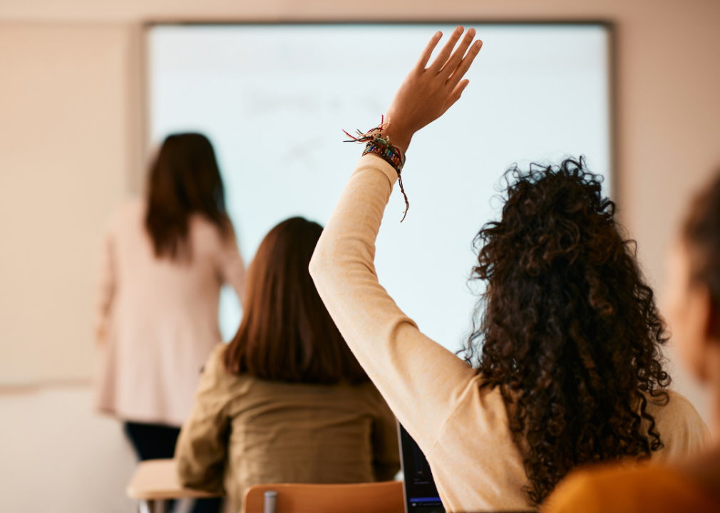 Female student raises hand in class
