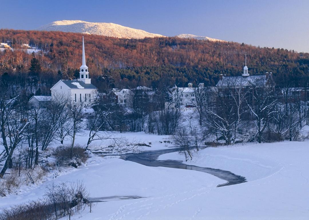 Winter snow covered sunset of Stowe village