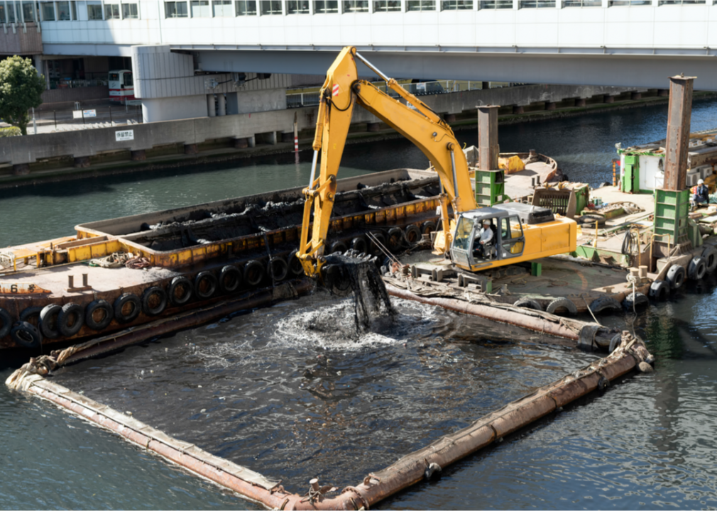 Heavy machinery doing dredging work in a river.