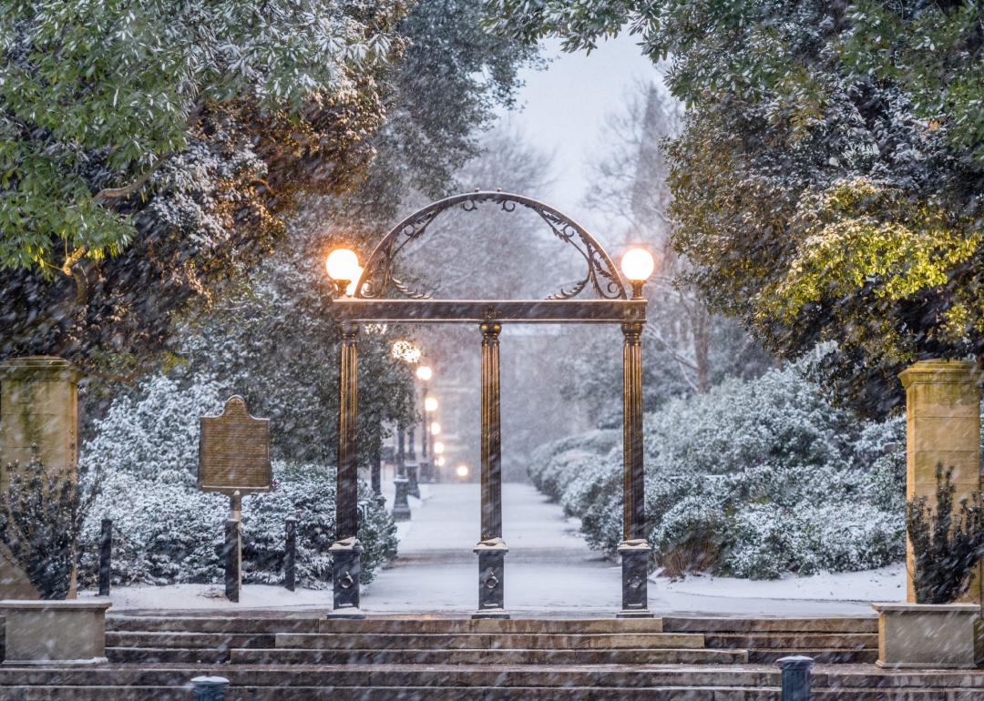 University of Georgia campus arch in winter.
