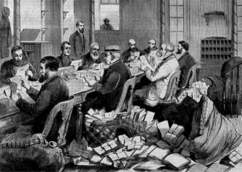 Engraving of post office workers sorting mail