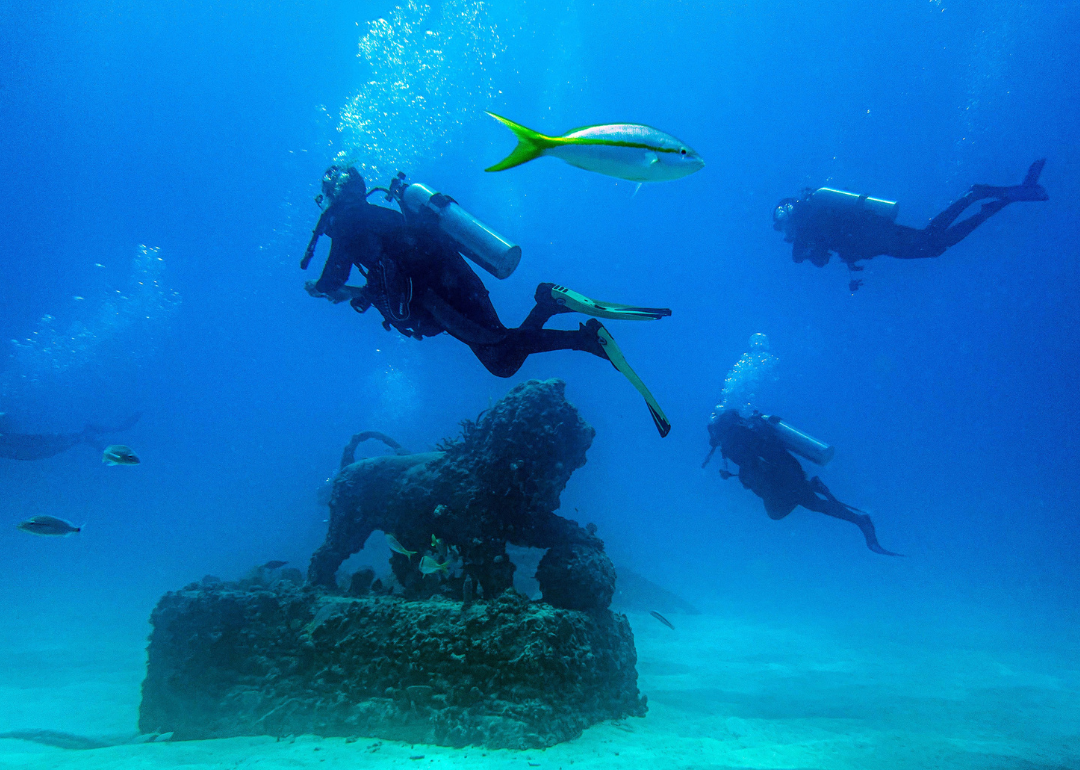 Scuba divers swim through the man-made Neptune Memorial Reef.