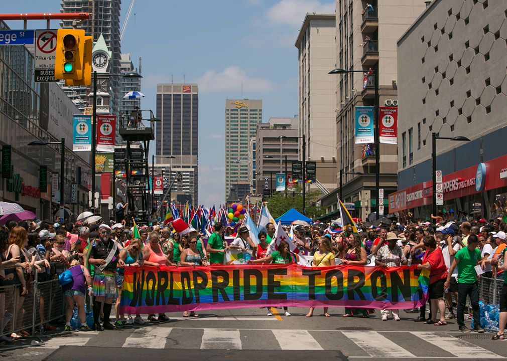 More than 50,000 people line Yonge Street in downtown to view the World Pride Parade.