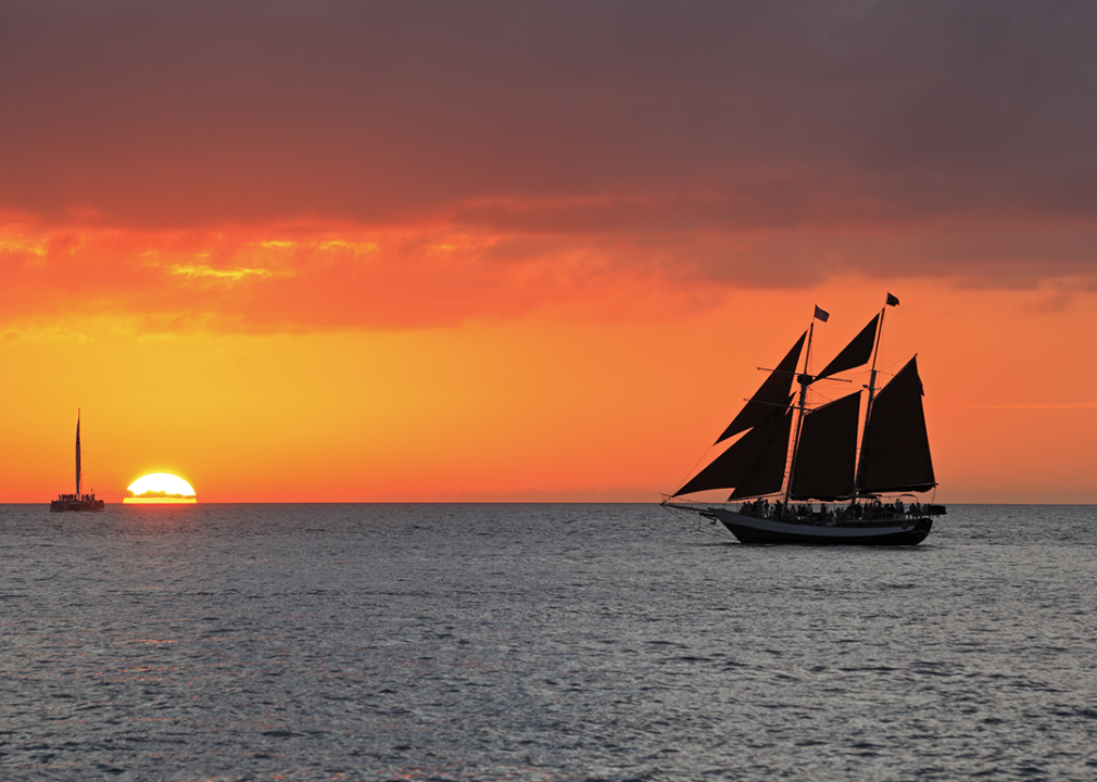 Key West sunset view from Mallory Square looking across Gulf of Mexico.