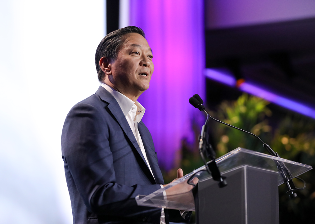 Joseph Bae speaks onstage during the TAAF Heritage Month Awards Dinner.