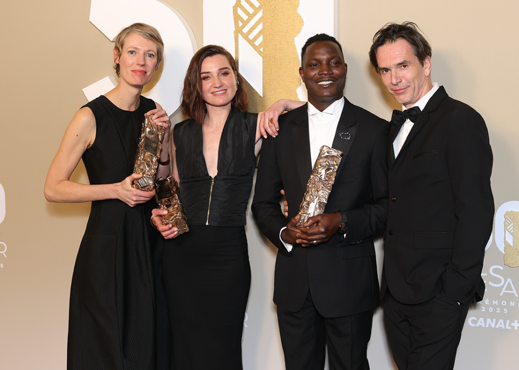 #10. Souleymane's Story Delphine Agut, Nina Meurisse, Abou Sangare and Boris Lojkine pose in the winners room with their Awards for the movie