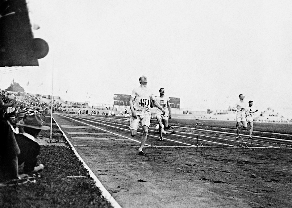 Eric Liddel crosses the line first to win the Gold Medal in the Mens 400m.