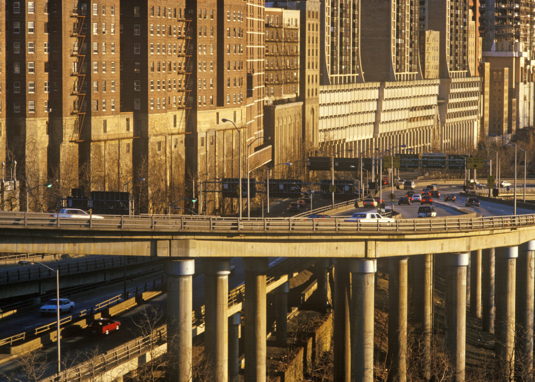 Sun setting over West Side Highway in New York City