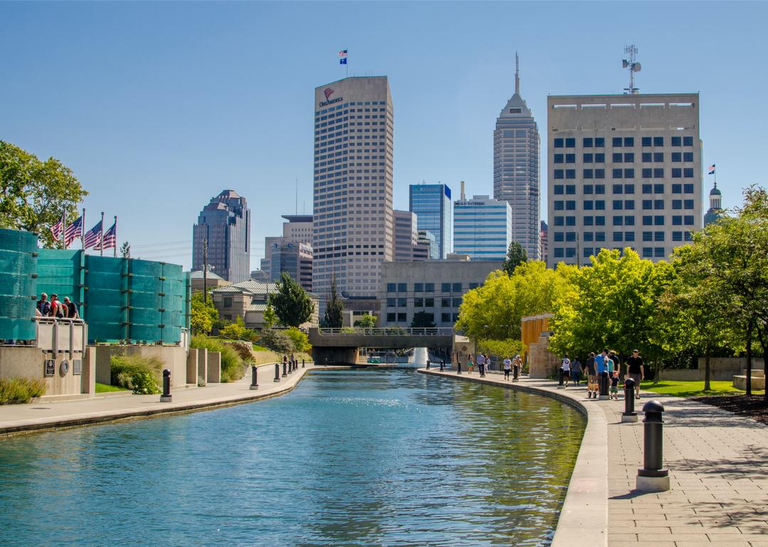 Indianapolis skyline seen from canal walkway.