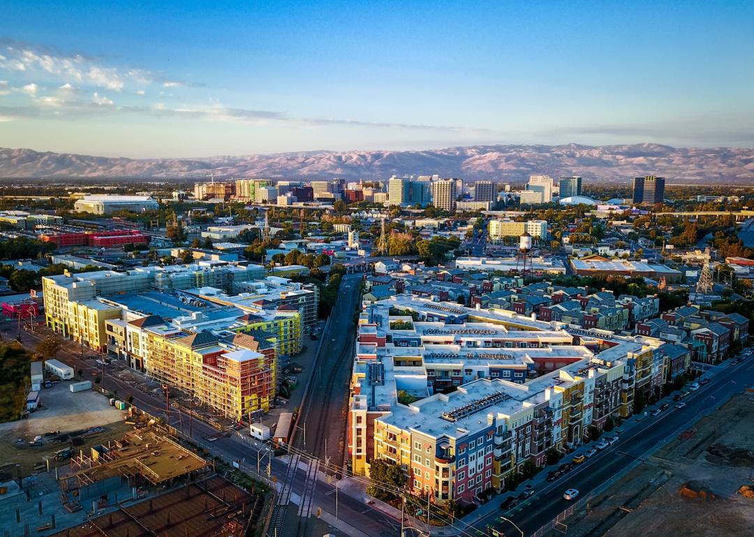 Aerial photo of sunset over downtown San Jose, California.