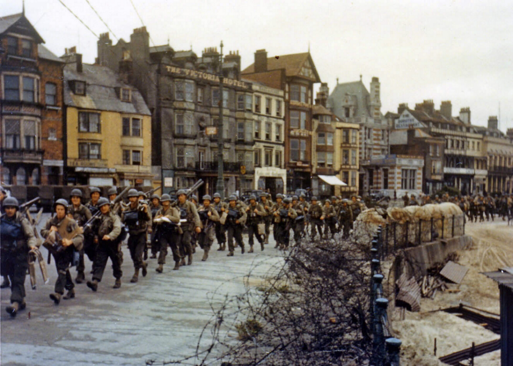U.S. troops prepare to board landing ships in Weymouth, England, prior to D-Day.
