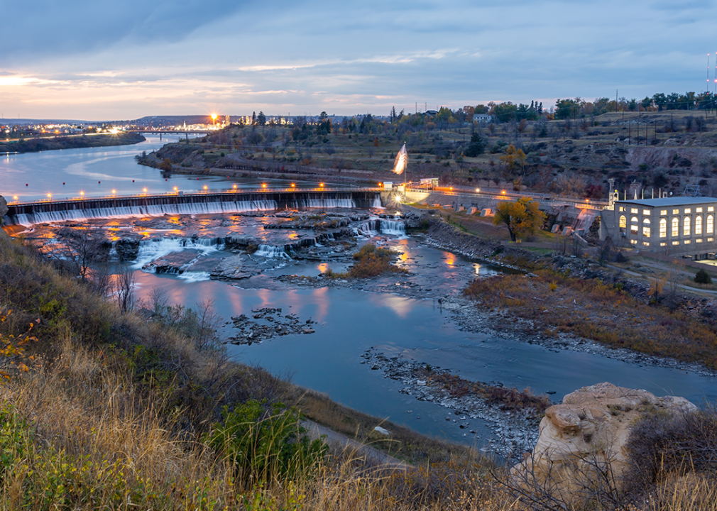 An elevated view of Great Falls at twilight.