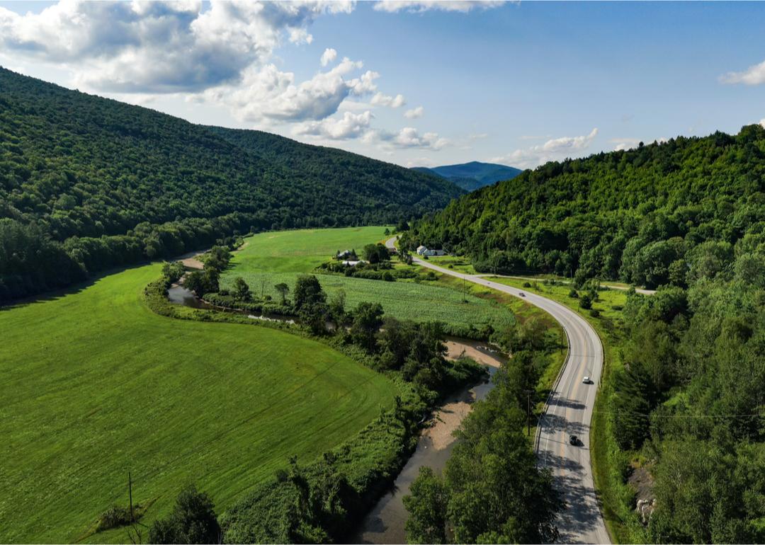 Aerial view of rural road in summer.