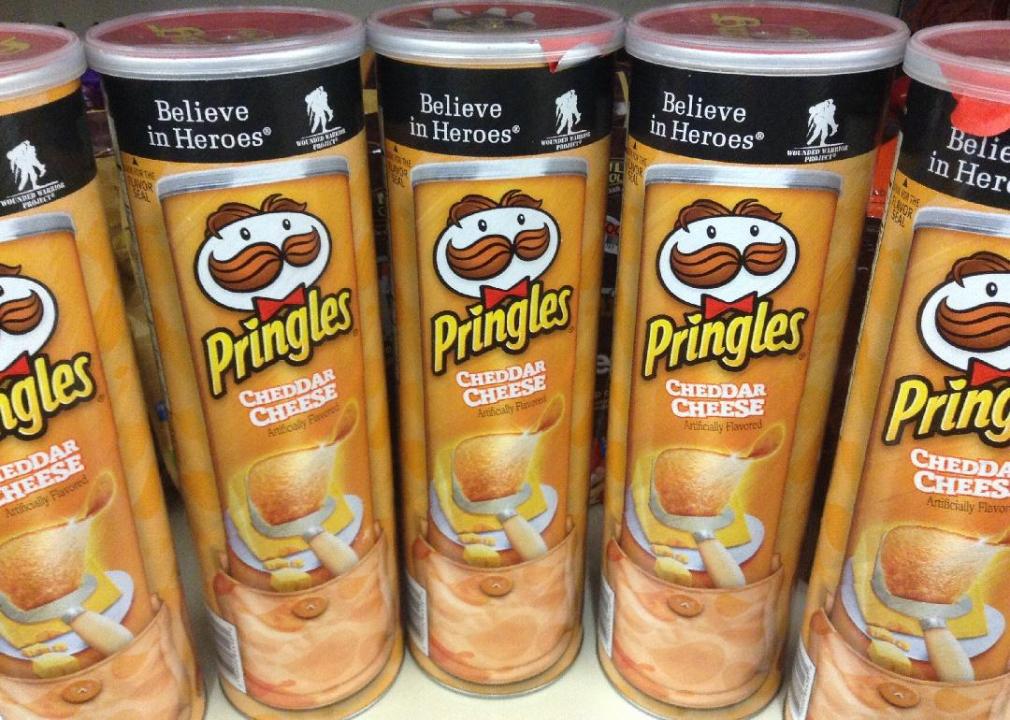 Row of Pringles cans.